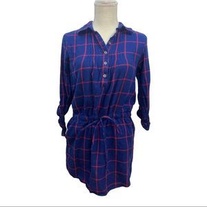 Aina Be Blue/Red Plaid Tshirt Dress Long Sleeve Collared w/ Pockets Sz S